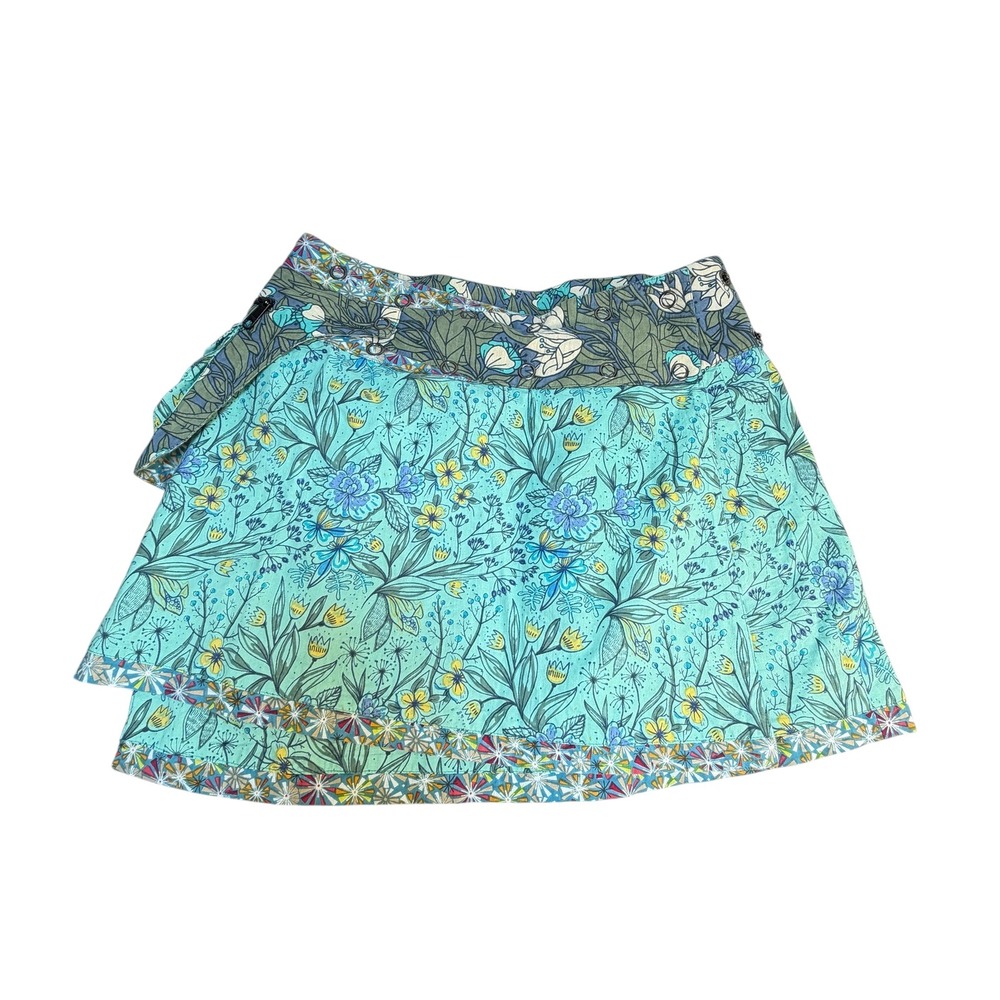 Asha Floral Cotton Reversible Wrap Skirt Snap Waist Removable Pouch Aqua Teal